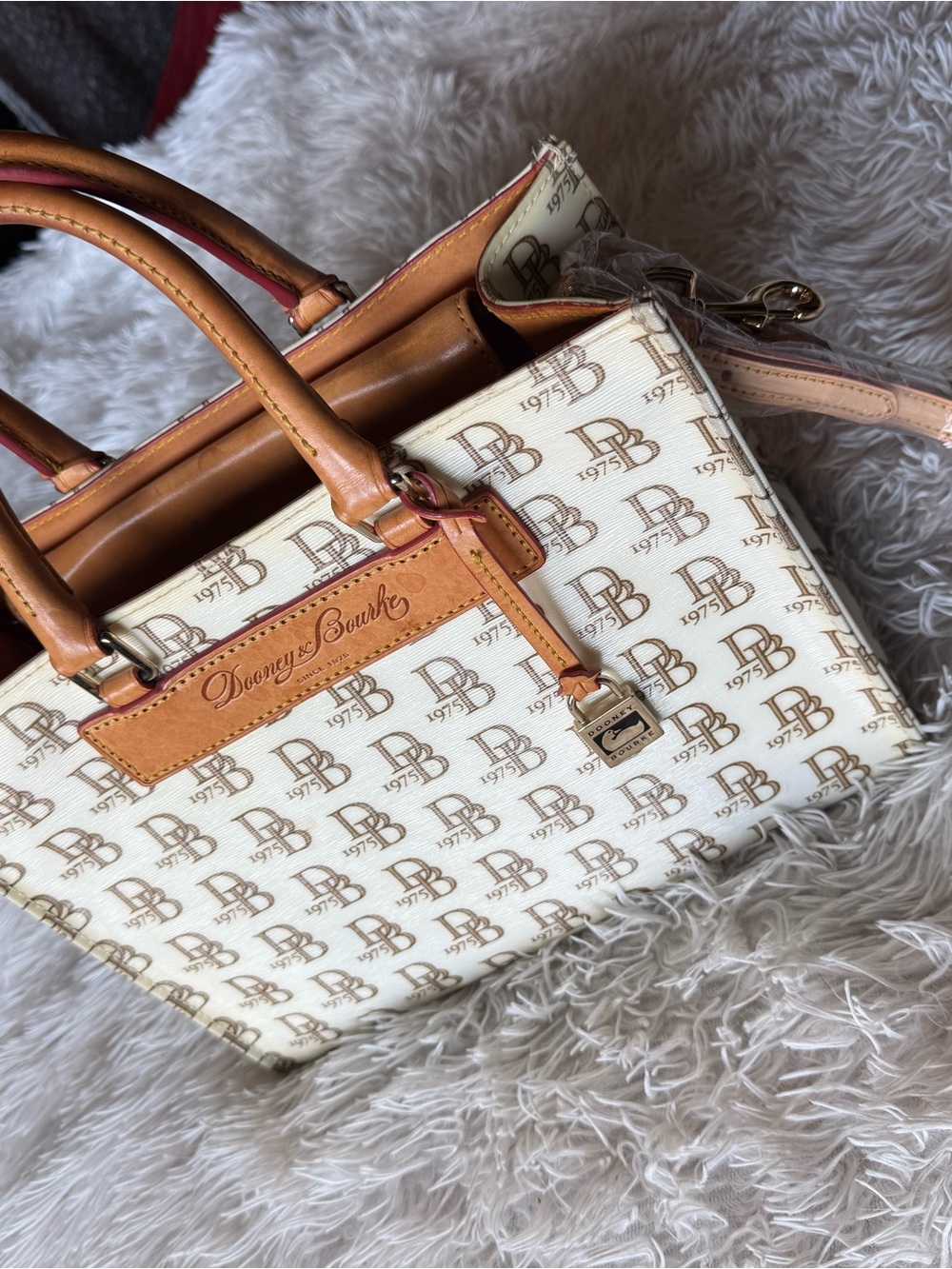 Dooney & Bourke Cream Logo Satchel with Tan Leather Trim